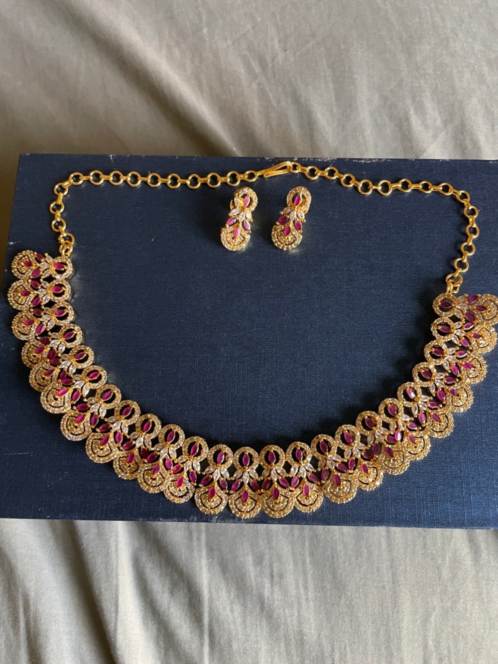 Gold-Tone Necklace and Earrings Set with Pink Stones